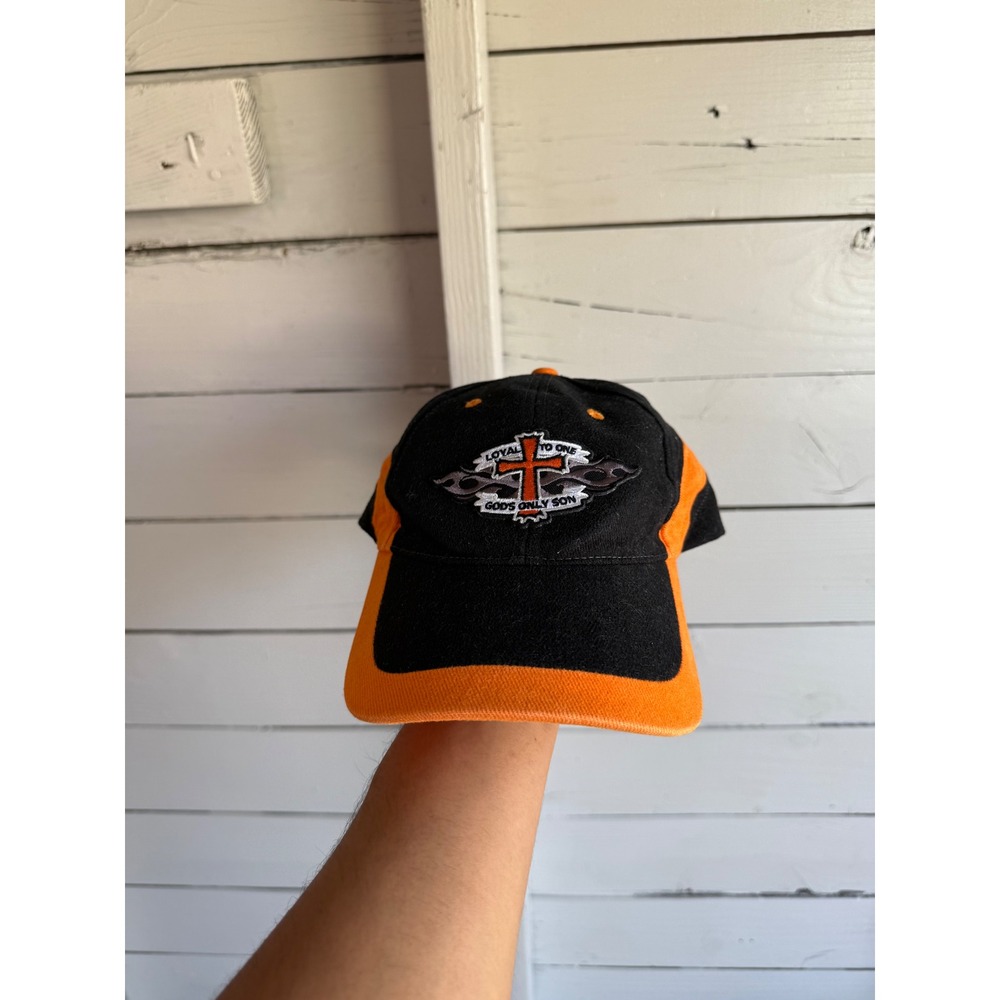Loyal To One Gods Only Son Cross Flame Hat Black Orange Biker Christian Cap